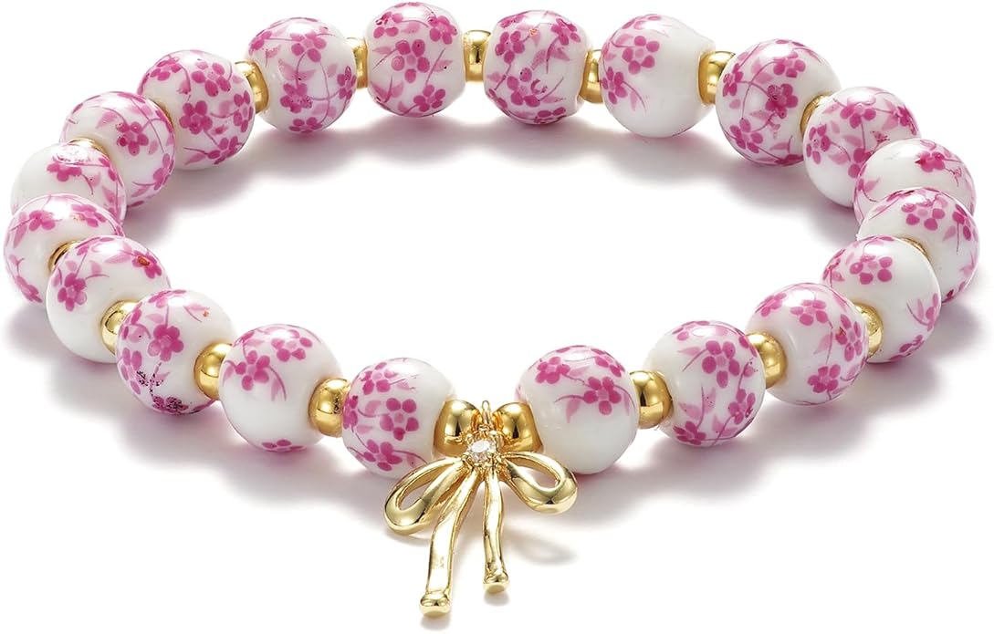 Beads Bow Charm Bracelet for Women Flower Vintage Bracelet Handmade Stretch Beaded Dainty Romantic Jewelry Gifts