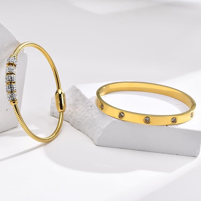 MPRAINBOW Gold Bracelets for Women, 2Pcs 18K Gold Plated Cubic Zirconia Bangle Crystal Friendship Bracelet Jewelry,Wedding Party Christmas Birthday Gifts for Her Girlfriend Sister Daughter