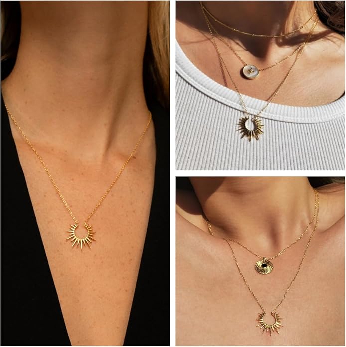 Lariat Necklaces for Women - Dainty Long Necklace Trendy 14K Gold Plated Hypoallergenic Layered Long Y-Shape Sunburst CZ T-Bar Pendant Drop Chain Necklace Set for Women Non Tarinsh Jewelry Gift