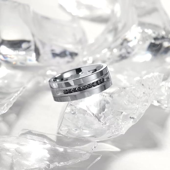 King Will Mens Tungsten Wedding Band with Cubic Zircon Inlay 7mm/8mm Flat Cut Comfort Fit Engagement Rings