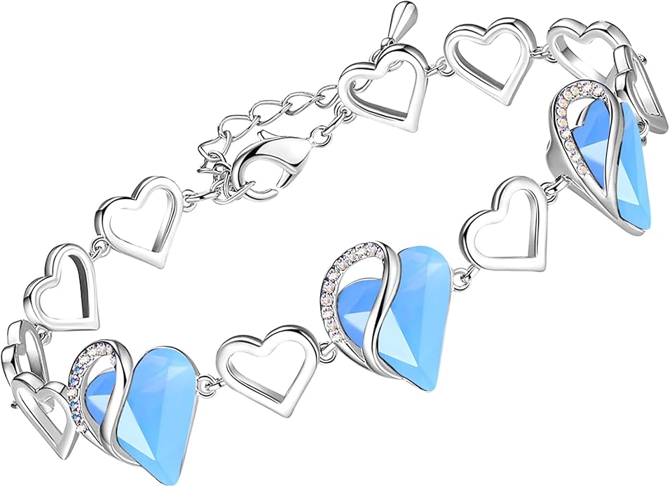 Leafael Infinity Love Heart Link Bracelets, Birthstone or Healing Stone Crystal Bracelet for Women, Silver Tone Jewelry Gifts for Her, 7-inch Chain and 2-inch Extender