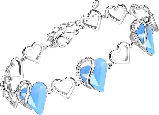 Leafael Infinity Love Heart Link Bracelets, Birthstone or Healing Stone Crystal Bracelet for Women, Silver Tone Jewelry Gifts for Her, 7-inch Chain and 2-inch Extender