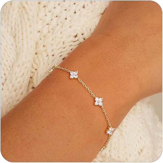Gold Bracelets for Women,14K Dainty Gold Plated Bracelets Non Tarnish Waterproof Diamond Bracelets Heart Flower Round Square CZ Charm Bracelet Trendy Stuff Jewelry Gifts for Her