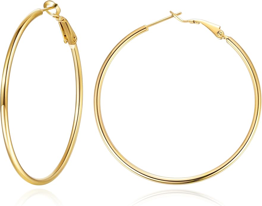 Jewlpire 14K Gold Plated 925 Sterling Sliver Post Hoop Earrings, 2MM Thick Hoop earrings Lightweight Large Hoop Earrings for Women Trendy 20/30/40/50/60/70mm
