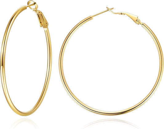 Jewlpire 14K Gold Plated 925 Sterling Sliver Post Hoop Earrings, 2MM Thick Hoop earrings Lightweight Large Hoop Earrings for Women Trendy 20/30/40/50/60/70mm