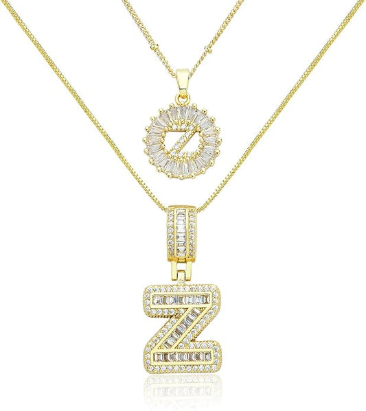 14K Gold Plated Initial Letter Pendant Necklace, Cubic Zirconia Crystal, Copper Chain