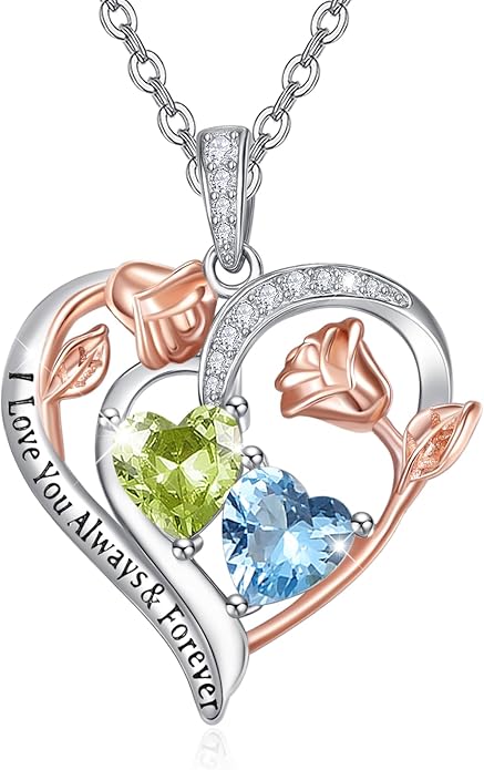Zeuslia Double Birthstone Necklace Gifts for Wife - 925 Sterling Silver Sunflower/Rose/Crown Cross/Compass/Heart Pendant I Love You Necklace, Anniversary Birthday Gifts for Wife Girlfriend Mom Her