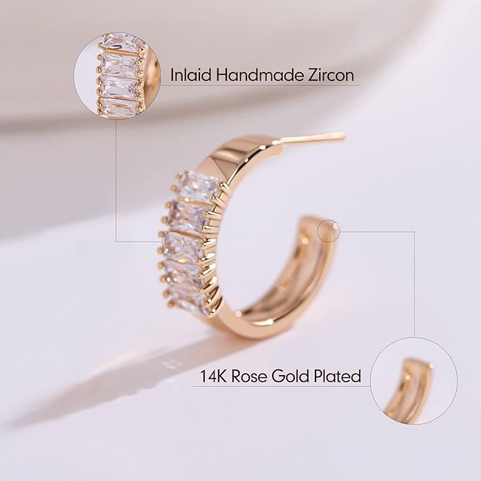 14K Gold & Rose Gold Hoop Earrings for Women, Chunky Huggie Half Hoops Earrings, Hypoallergenic Non Tarnish Cubic Zirconia Trendy Minimalist Everyday Jewelry Gift