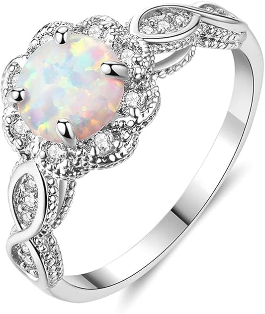 CiNily 18K Gold Plated Opal Ring-White Fire Opal & Amethyst & Cubic Zirconia Women Jewelry Gemstone Engagement Anniversary Ring Size 5-13