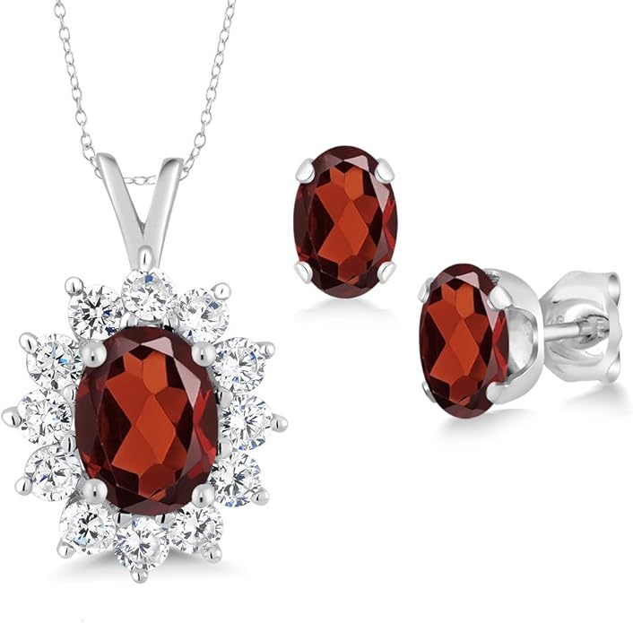 Gem Stone King 8X6MM and 6X4MM Oval Gemstone Birthstone Pendant and Earrings Jewelry Set For Women | 925 Sterling Silver | Fine Jewelry Gifts for Her Mom Women Wife | With 18 Inch Chain