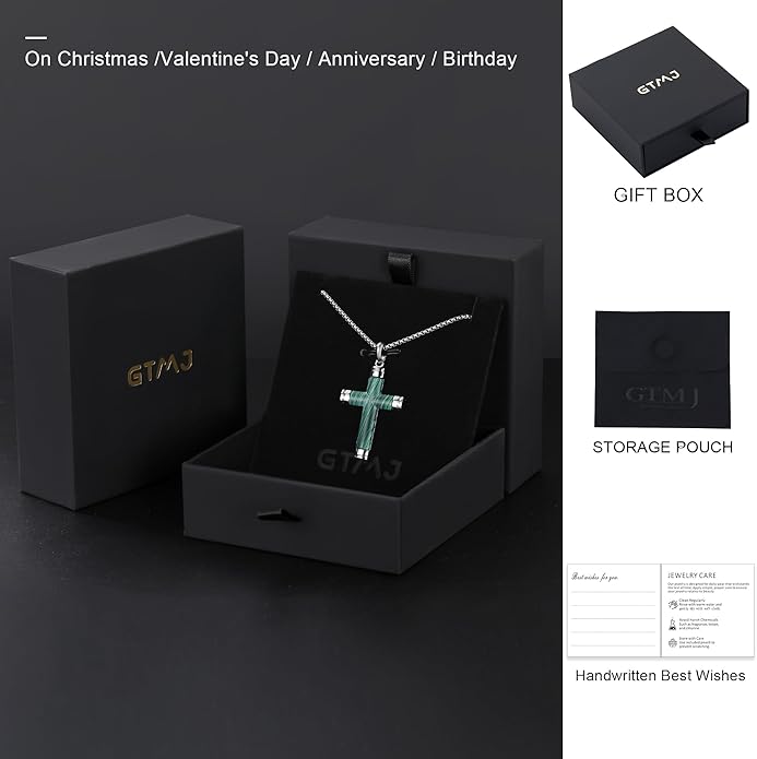 GTMJ Cross Necklace for Men -Stainless Steel & Gemstone Adjustable Box Chain 24-26in, Spiritual Jewelry Gift for Him, Everyday Wear