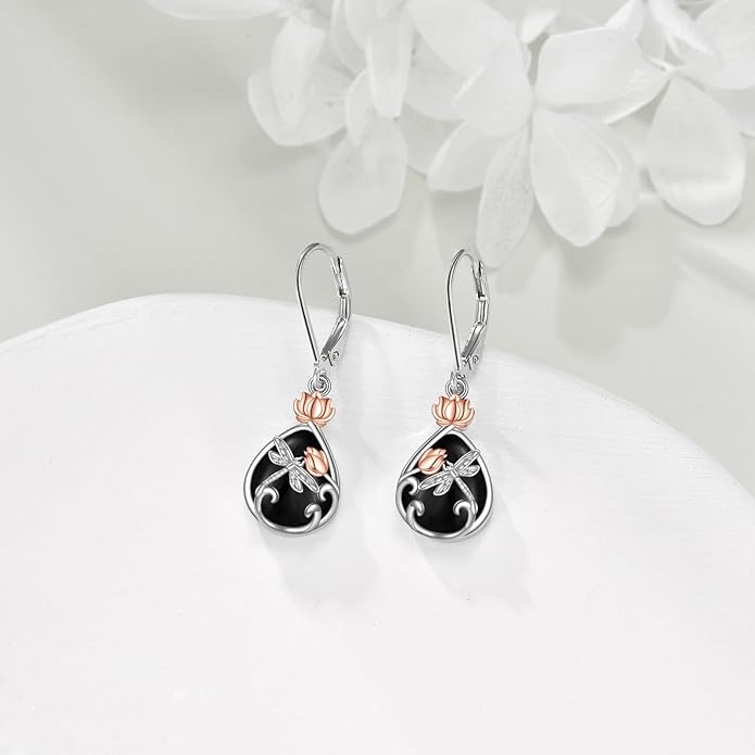 AOBOCO Butterfly/Dragonfly/Bee/Ladybug Leverback Earrings 925 Sterling Silver Rose Lotus Tulip Flower Filigree Dangle Earrings Teardrop Moonstone Larimar Turquoise Abalone Shell Jewelry Birthday Gifts for Women