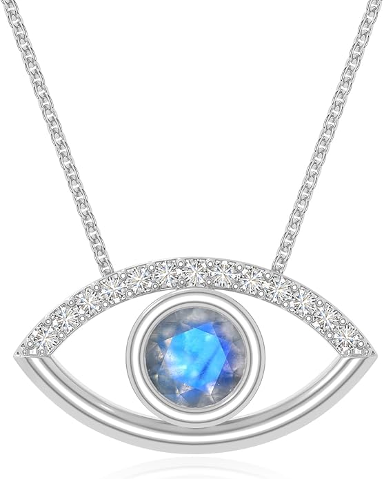 Natural Gemstone with Moissanite Evil Eye Pendant Necklaces for Women in Silver/18K Yellow/Rose Gold Vermeil,Birthstone Jewelry Gifts for Her Birthday,Anniversary, Graduation