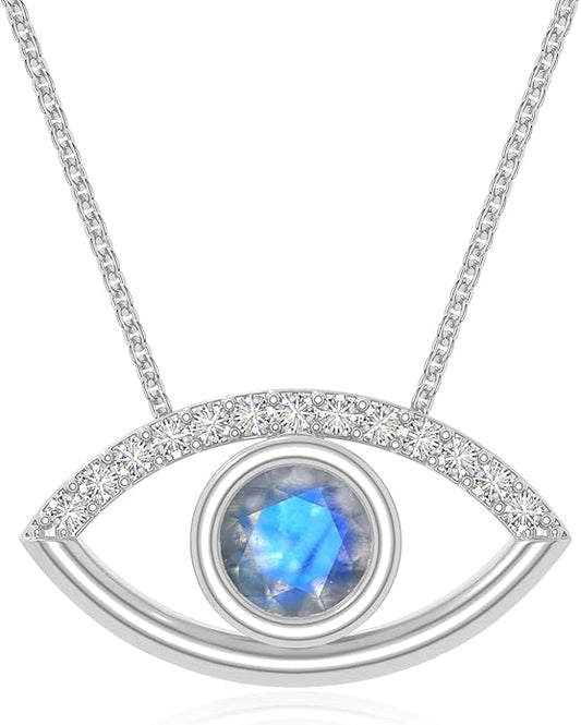 Natural Gemstone with Moissanite Evil Eye Pendant Necklaces for Women in Silver/18K Yellow/Rose Gold Vermeil,Birthstone Jewelry Gifts for Her Birthday,Anniversary, Graduation