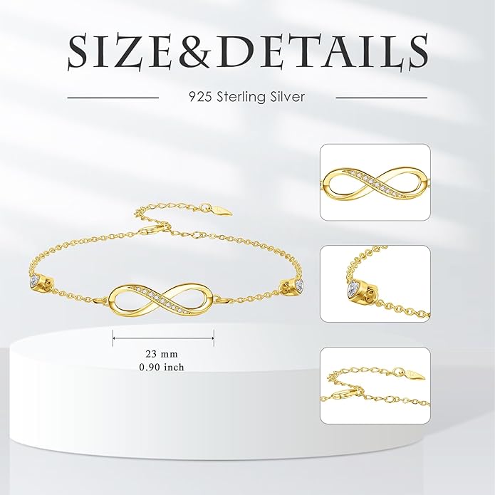 Dorunmo Infinity Bracelet Mom Bracelet 925 Sterling Silver 14K Gold Plated Infinity Heart Anklet for Women Christmas Jewelry Gifts for Wife Mom Daughter