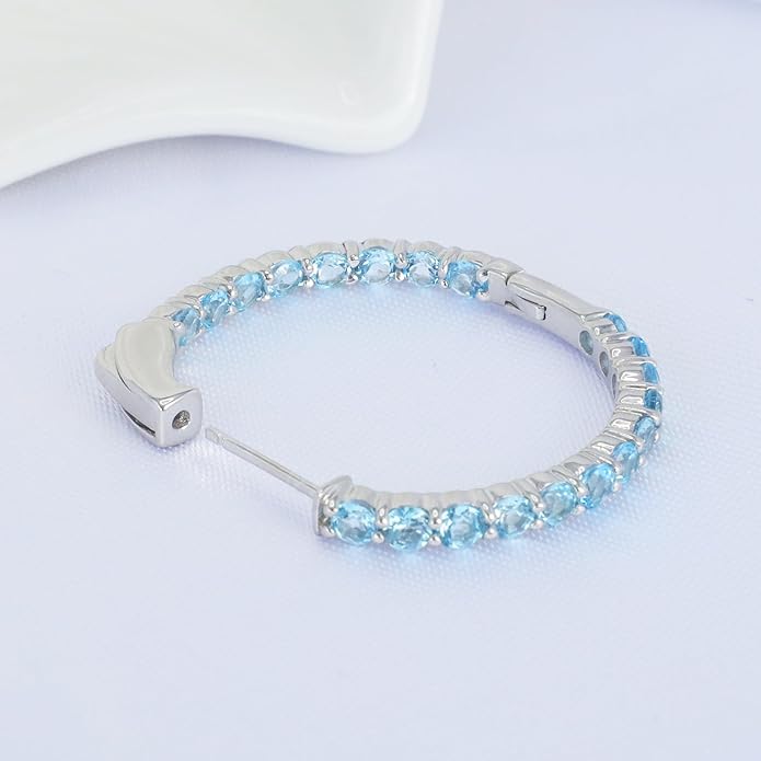 Hoop Earrings with 40 Colored Gemstones, Birthstone Earrings, 925 Sterling Silver Rhodium Plated, Push Back Closure, 1.18'