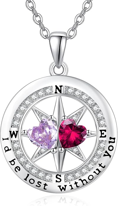 Compass Birthstones Necklace for Women, Exquisite Anniversary Birthday Gifts for Wife Her Double Birthstone Pendant jewelry ‘I'd be Lost Without You’