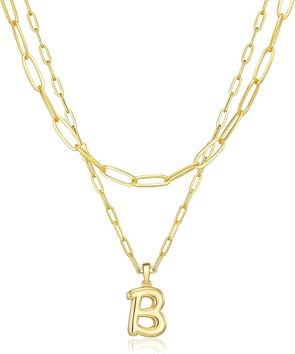adoyi Gold Necklace for Women Layered Bubble Heart Letter Initial Necklaces for Women Trendy Jewelry 14K Gold Plated Chain Chunky Name Necklace Stack Charm A-Z Pendant Set Jewelry Gifts