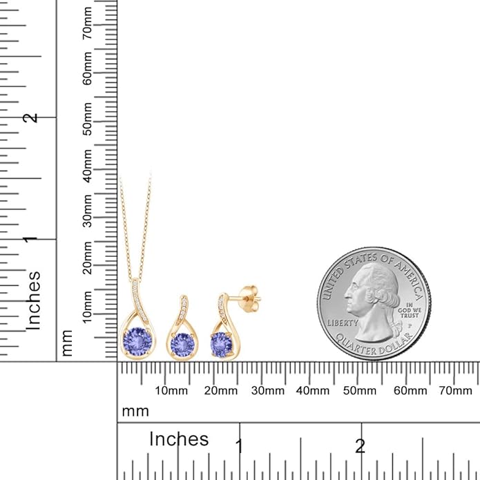 Gem Stone King 18K Yellow Gold Plated Silver Round Gemstone Birthstone and Diamond Pendant Earrings Jewelry Set For Women | Round 6MM and 5MM | With 18 Inch Chain