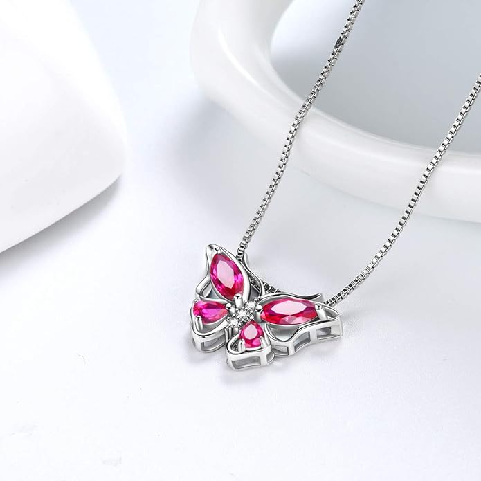 Aurora Tears Butterfly Birthstone Pendant Necklace - Women 925 Sterling Silver Butterflies Birthstone Pendant Necklace Jewelry Birthday Gift for Women