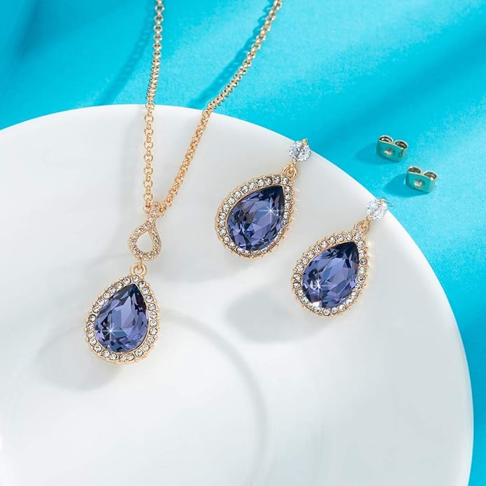 Austrian Crystals Teardrop Pendant Necklace Earrings for Women 14K Gold Plated Hypoallergenic Jewelry Set