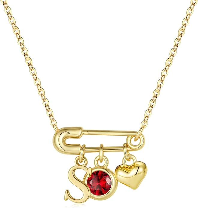 MONOOC Christmas Gifts for Women Girls - 14K-Gold-Plated Dainty Paperclip Heart Initial Necklace Birthstone Necklace Jewelry Birthday Gifts for Women Her Mom Friend Wife Sister