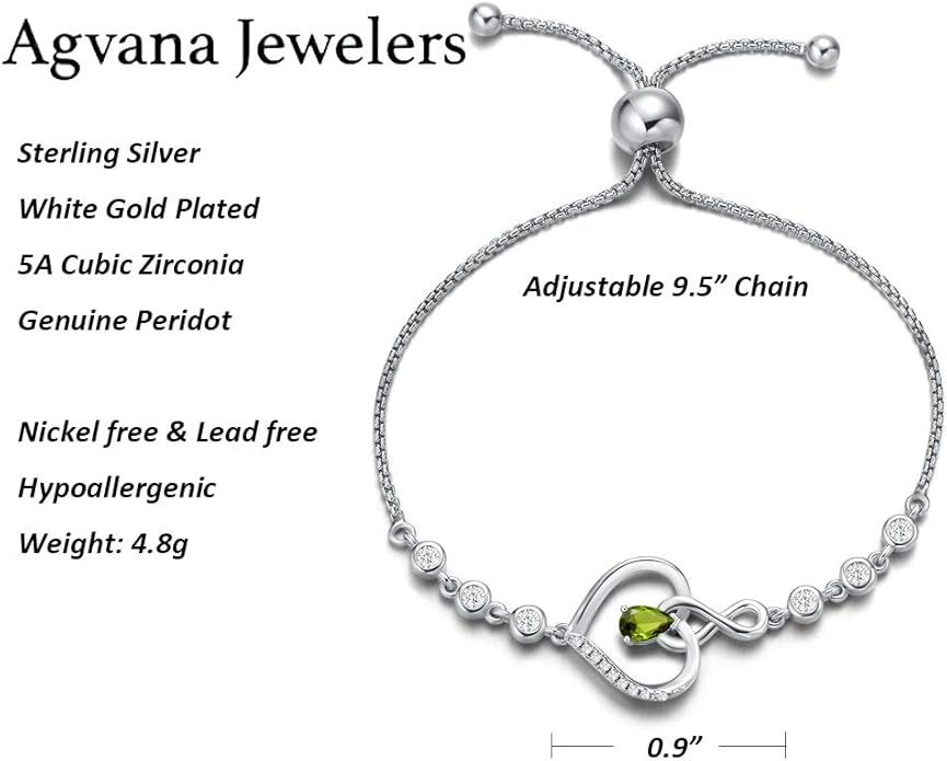 AGVANA Heart Birthstone Bracelets for Women Sterling Silver Genuine or Created Gemstone Tennis Bracelet Infinity Love Jewelry Anniversary Birthday Gifts for Wife Mom Women