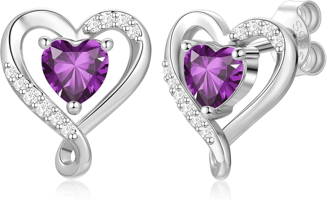 Earrings for Women, S925 Sterling Silver Rose Gold Birthstone Heart Studs Earring for Girlfriend Wife, Anniversary Birthday Christmas Valentines Mothers Day Gifts Jewelry for Women Wife Her Mom