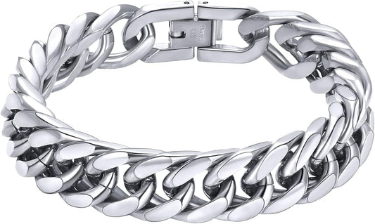 8/12/17mm Wide Cuban Link Bracelet for Men Father Gift 18K Gold/Black Plated Stainless Steel Bracelets 7.4-9 Inches(Gift Wrapped)