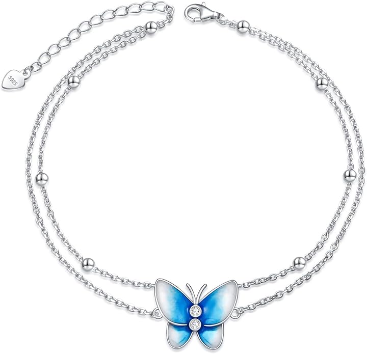 Diamond Butterfly Anklet Sterling Silver, Elegant Adjustable Ankle Bracelet for Women, 925 Silver Hypoallergenic Foot Jewelry Birthday Christmas Gift for Her