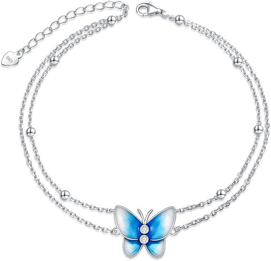 Diamond Butterfly Anklet Sterling Silver, Elegant Adjustable Ankle Bracelet for Women, 925 Silver Hypoallergenic Foot Jewelry Birthday Christmas Gift for Her