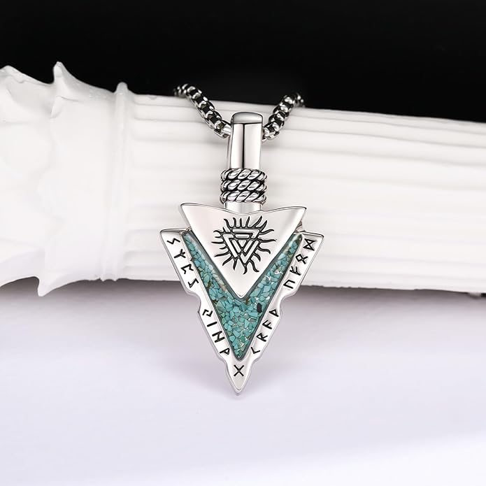 Suiknsn Arrowhead Necklace for Men Women 925 Sterling Silver Turquoise Malachite Celtic/Eye of Horus/Viking Arrow Pendant Amulet Jewelry Gifts Native American Necklace