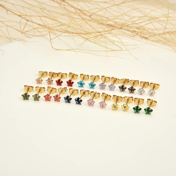 12 Pairs 18K Gold Plated Surgical Stainless Steel Stud Earrings, Star Heart Square Stud Earring for Women, Cubic Zirconia Birthstone Stud Earrings Set