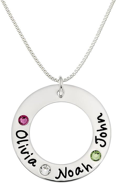 AJ's Collection Sterling Silver Personalized Washer Necklace with 3 Crystal Birthstones with a choice of Sterling Silver Chain. Gift for Her