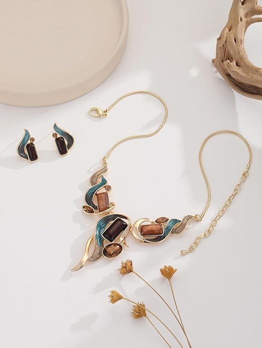 Chunky Statement Jewelry Set Vintage Retro Leaf Flower Floral Geometric Bohemian Boho Bib Necklace Earring Set Fashion Costume Jewelry for Women Girls Wedding Party Prom Unique Gift