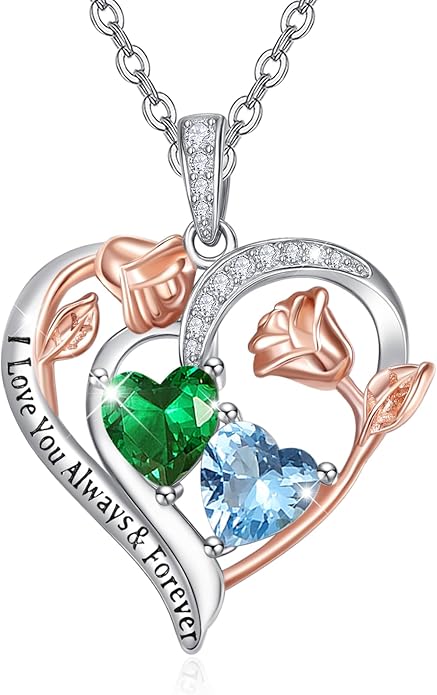 Zeuslia Double Birthstone Necklace Gifts for Wife - 925 Sterling Silver Sunflower/Rose/Crown Cross/Compass/Heart Pendant I Love You Necklace, Anniversary Birthday Gifts for Wife Girlfriend Mom Her