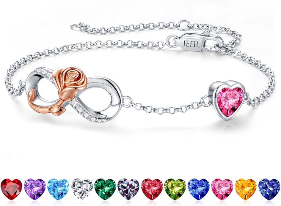 Iefil Infinite Rose Birthstone Bracelet for Women, 925 Sterling Silver Charm Link Birthstone Bracelet, Anniversary Birthday Gifts for Women, Mothers Day Valentines Christmas Gifts for Wife Girlfriend