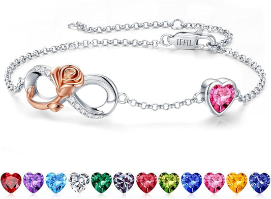 Iefil Infinite Rose Birthstone Bracelet for Women, 925 Sterling Silver Charm Link Birthstone Bracelet, Anniversary Birthday Gifts for Women, Mothers Day Valentines Christmas Gifts for Wife Girlfriend