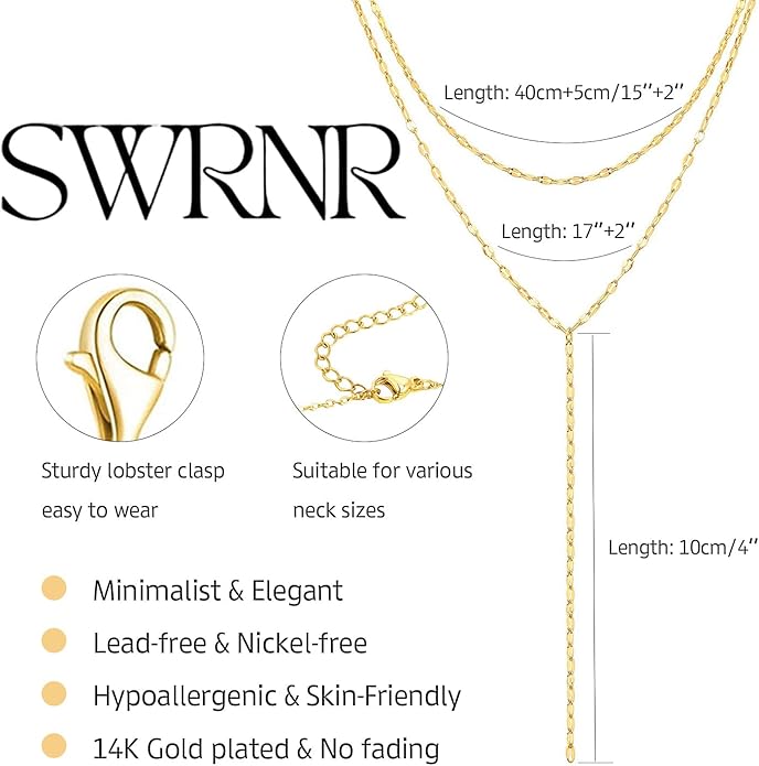 Lariat Necklace for Women, Dainty 14K Gold/Silver Plated Long Necklaces for Women Trendy Simple Layered Y-Shaped Drop Pendant Necklace Adjustable Gold Jewelry Gifts For Her Christmas Stocking Stuffer