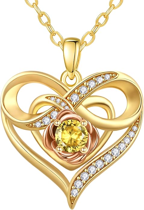 Infinite Heart Birthstone Necklaces for Women Gold Plated Pendant Wedding Anniversary Birthday Gift for Wife Her Mom Grandma Daughter Jewelry with Round Birthstone