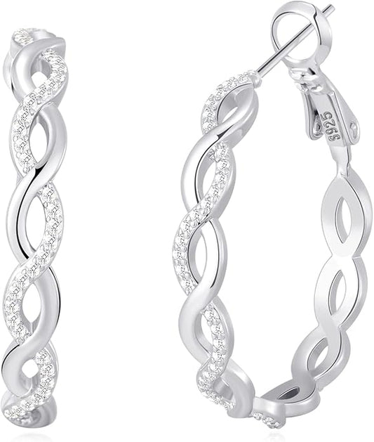 Senteria 925 Sterling Silver Earrings Hoops for Women Lightweight Twisted Hoop Earrings With Cubic Zirconia Hypoallergenic Hoops Earrings (20/30/40/50/60MM)