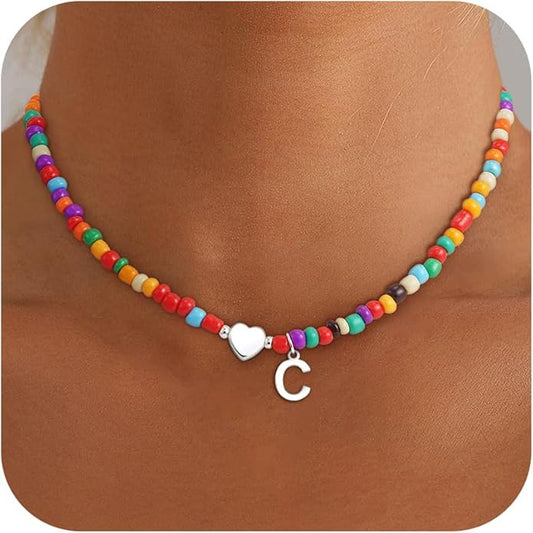 Colorful Initial Necklaces for Girls Women Kids - Teen Girls Gifts Trendy Stuff Beaded Initial Necklace Dainty Letter Choker Necklace for Girl Gifts Jewelry