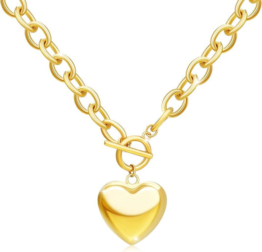 Chunky Gold Necklace for Women, 18K Waterproof Heart Necklace Statement Necklace Gold Charm Necklace Chunky Jewelry Paperclip Chain Choker Gift for Women
