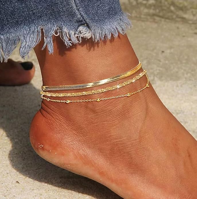 Gold Ankle Bracelets for women,14k Gold/Silver Plated Waterproof Layered lightweight Cuban Link Figaro Chain Heart anklet butterfly anklet Pearl Ankle Bracelets Set Gold Anklets for women Trendy Jewelry Gift for Women