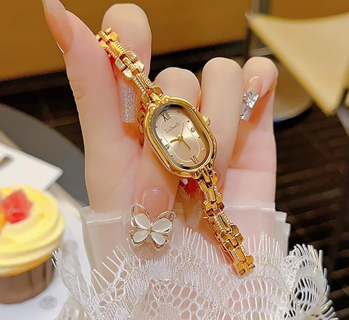 Women's Vintage Oval Watches Luxury Minimalism Bracelet Small Gold Tone Watch Ladies Analog Waterproof Watch Fashion Bangle Bracelet Dress Watch with Stainless Steel Band
