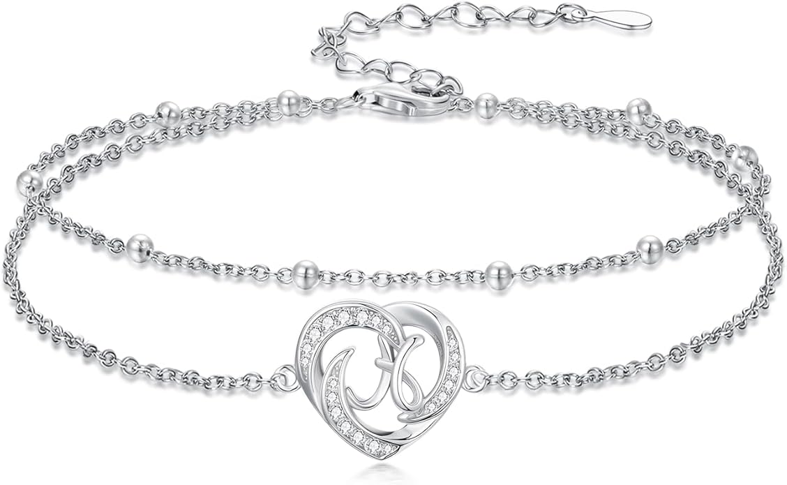 Dorunmo Initial Anklet 925 Sterling Silver Letter A-Z Layered Heart Anklet Beach Jewelry Birthday Gifts for Women
