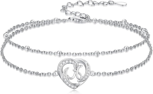 Dorunmo Initial Anklet 925 Sterling Silver Letter A-Z Layered Heart Anklet Beach Jewelry Birthday Gifts for Women