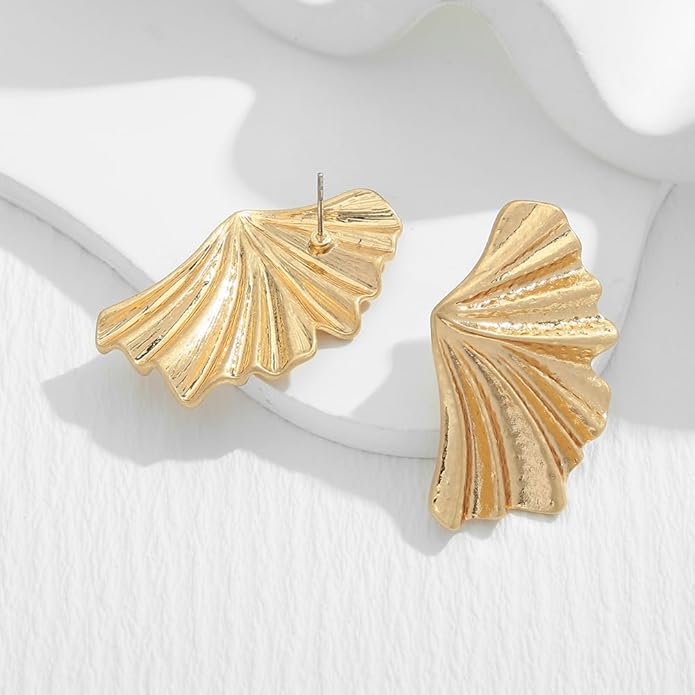 Chunky Gold Statement Earrings For Women Gold Plated Sectored Flower Leaf Shell Angel Wing Earrings Large Stud Earrings Hypoallergenic Earrings