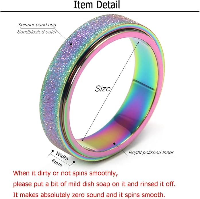 AmorArtSky Anxiety Ring for Women Men, Titanium Stainless Steel Spinner Ring, 5 Colors, 6MM, Size 6-10, 3 Styles Anxiety Ring-Moon Star, Sandblasted Finished, Hollow Outer