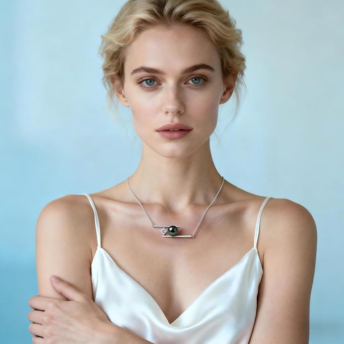 Genuine Tahitian Black Pearl Necklace for Women, 9-13mm AAAA Seawater Pearl - Sterling Silver Moissanite Pendant, Wedding Anniversary, Birthday, Christmas Gift for Wife, Mom, Girlfriend, Fine Jewelry